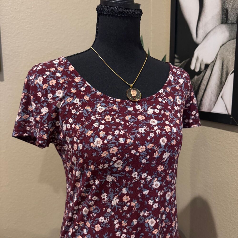WallFlower Burgundy Floral Short-Sleeve A-Line Skater Dress